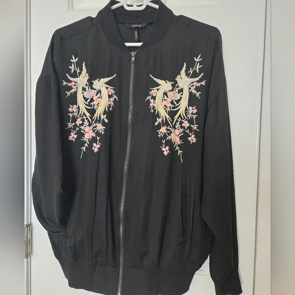 Buffalo David Bitton Black Bomber Jacket Lightweight Bird Floral Embroidery Size